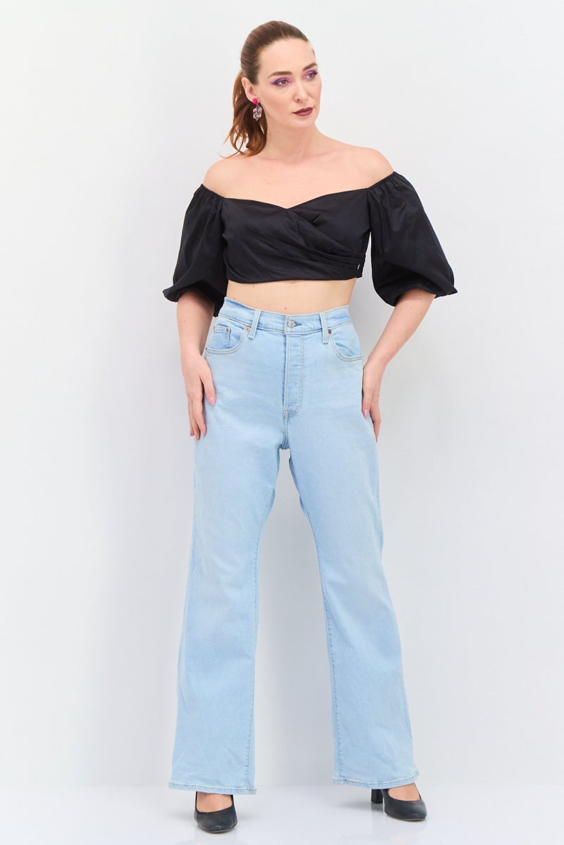 GUESS Women Off Shoulder Neckline Puffed Sleeve Shirred Top, Black  - Image 2