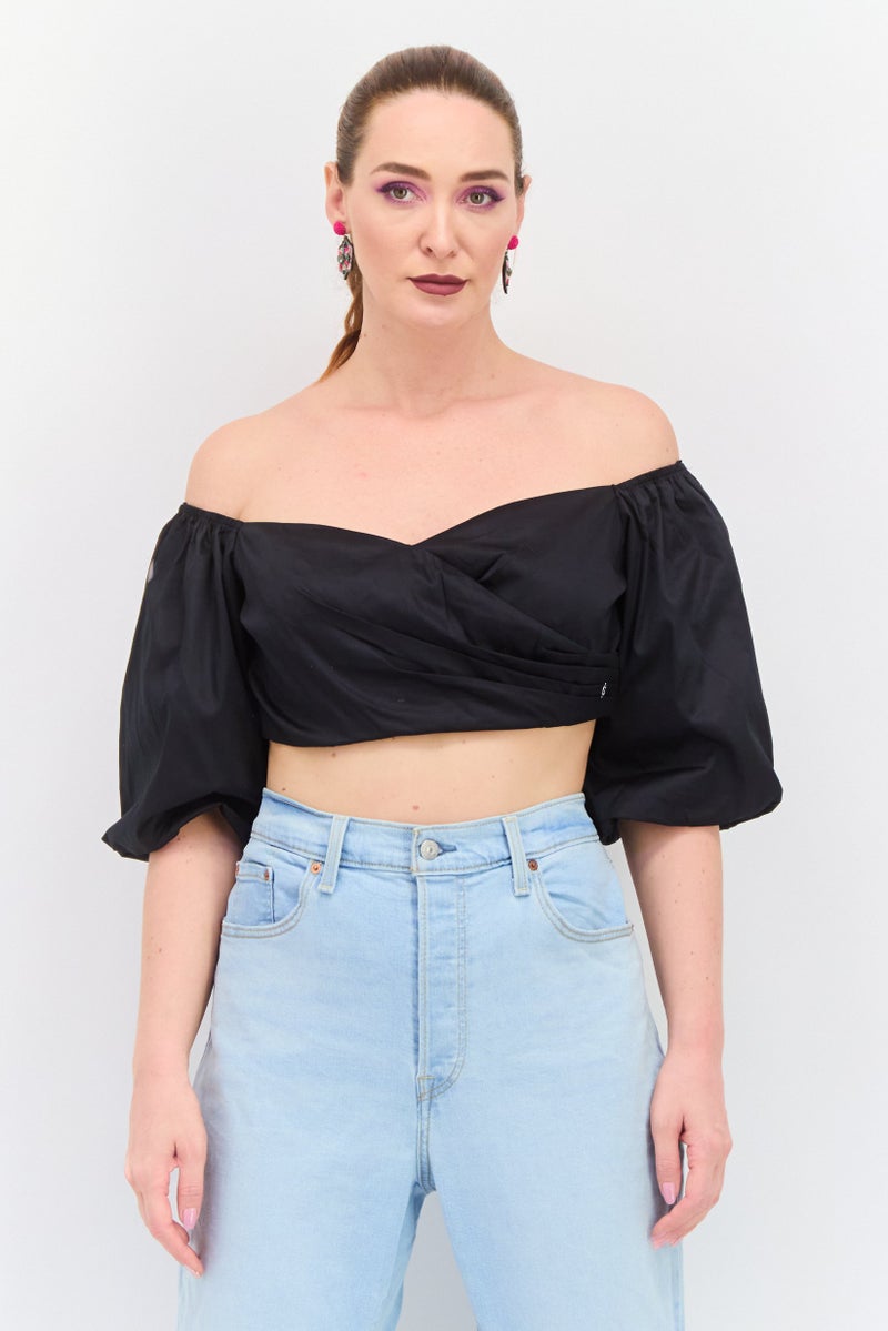 GUESS Women Off Shoulder Neckline Puffed Sleeve Shirred Top, Black  - Image 1