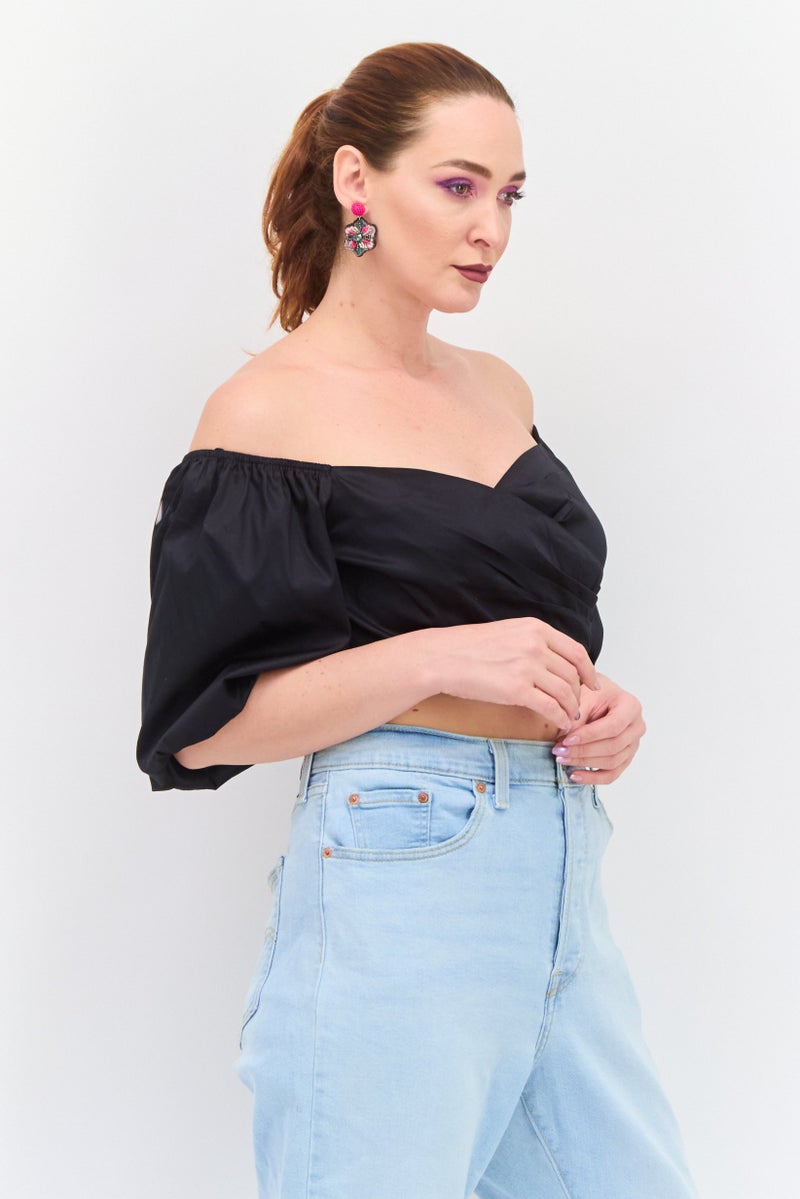 GUESS Women Off Shoulder Neckline Puffed Sleeve Shirred Top, Black  - Image 3