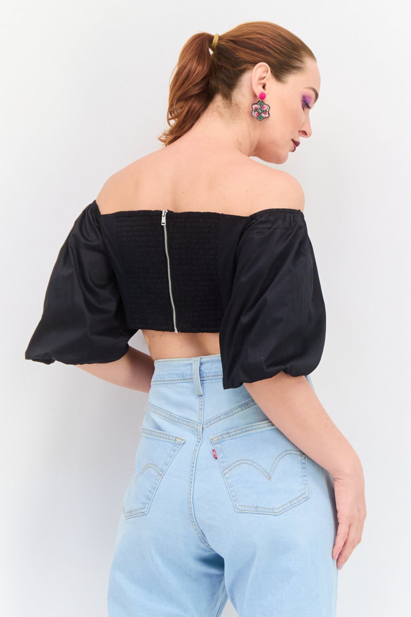 GUESS Women Off Shoulder Neckline Puffed Sleeve Shirred Top, Black  - Image 4