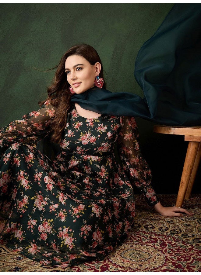 AKS Dark Green Floral print anarkali Kurta set - Image 1