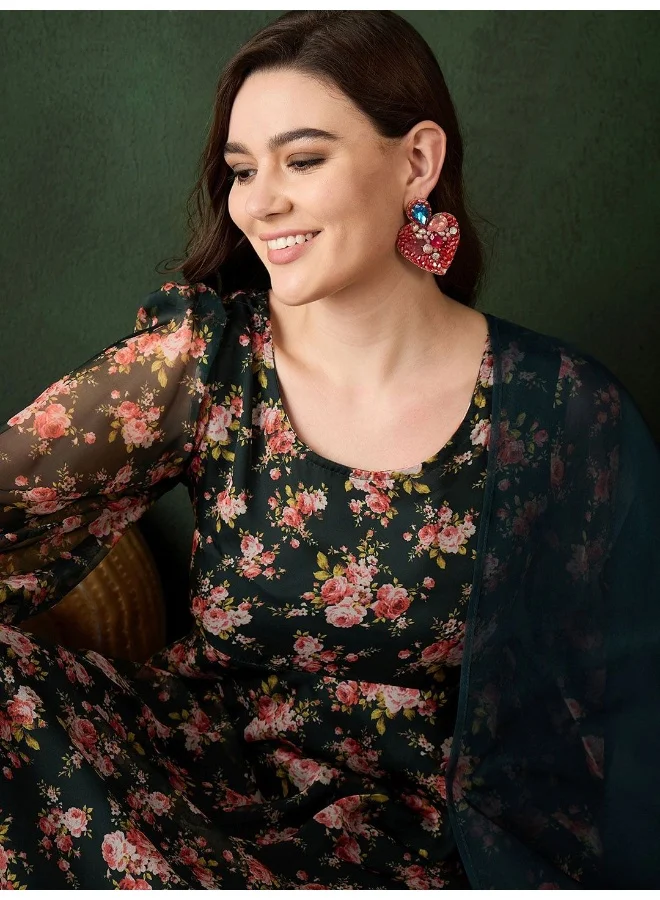 AKS Dark Green Floral print anarkali Kurta set
