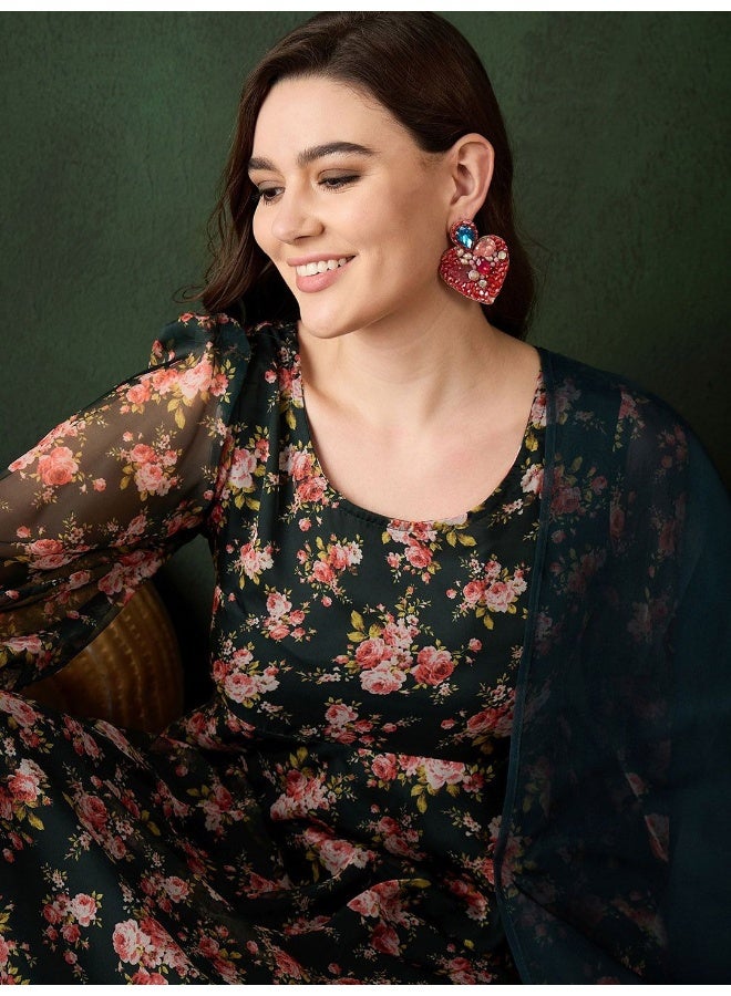 AKS Dark Green Floral print anarkali Kurta set - Image 2