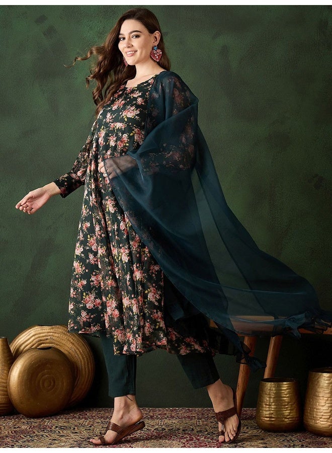 AKS Dark Green Floral print anarkali Kurta set - Image 5