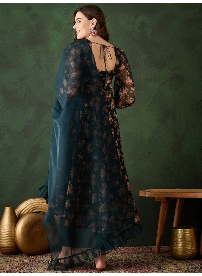 أيه كيه إس طقم كورتا أناركالي بطبعة زهور خضراء داكنة