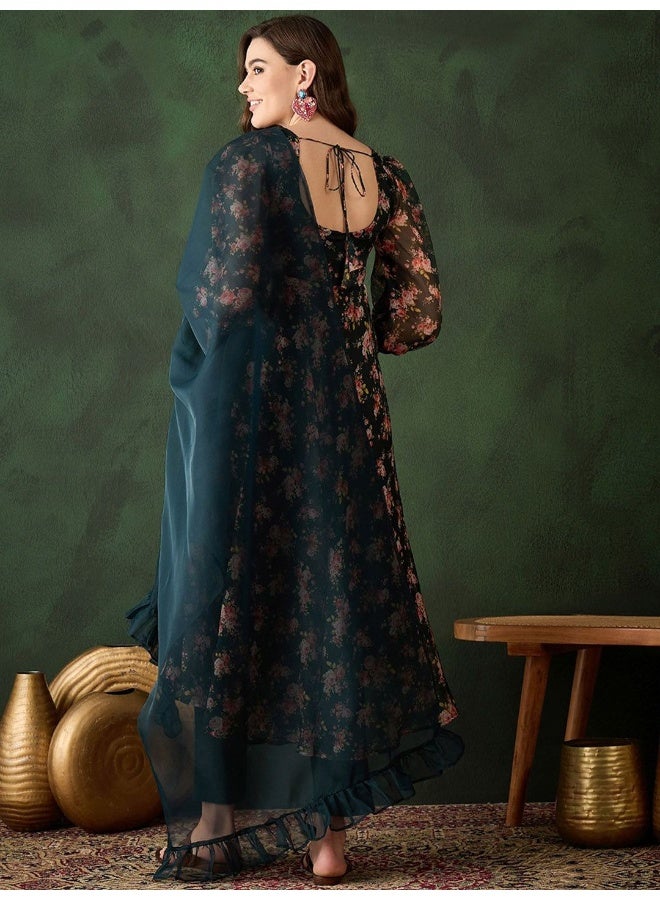 AKS Dark Green Floral print anarkali Kurta set - Image 4