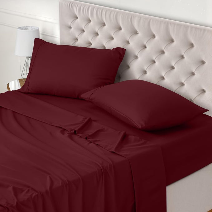 BED SHEET SET DOUBLE BURGUNDY 4 PIECE FITTED SHEET FLAT SHEET WITH 2 PILLOW CASES 50X75 WRINKLE SHRINKAGE AND FADE RESISTANT SOFT BRUSHED POLYESTER MICROFIBER FABRIC