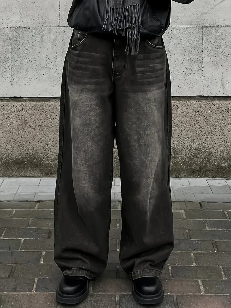 Baggy Black Wide Leg Jeans, Floor-Length Pants - Image 3
