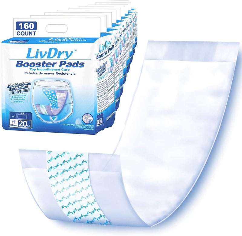 LivDry Incontinence Booster Pads, Use with Adult Diapers for Women and Men, Extra Comfort Softness, Disposable Pad (160 Count, Regular Length) - Image 1