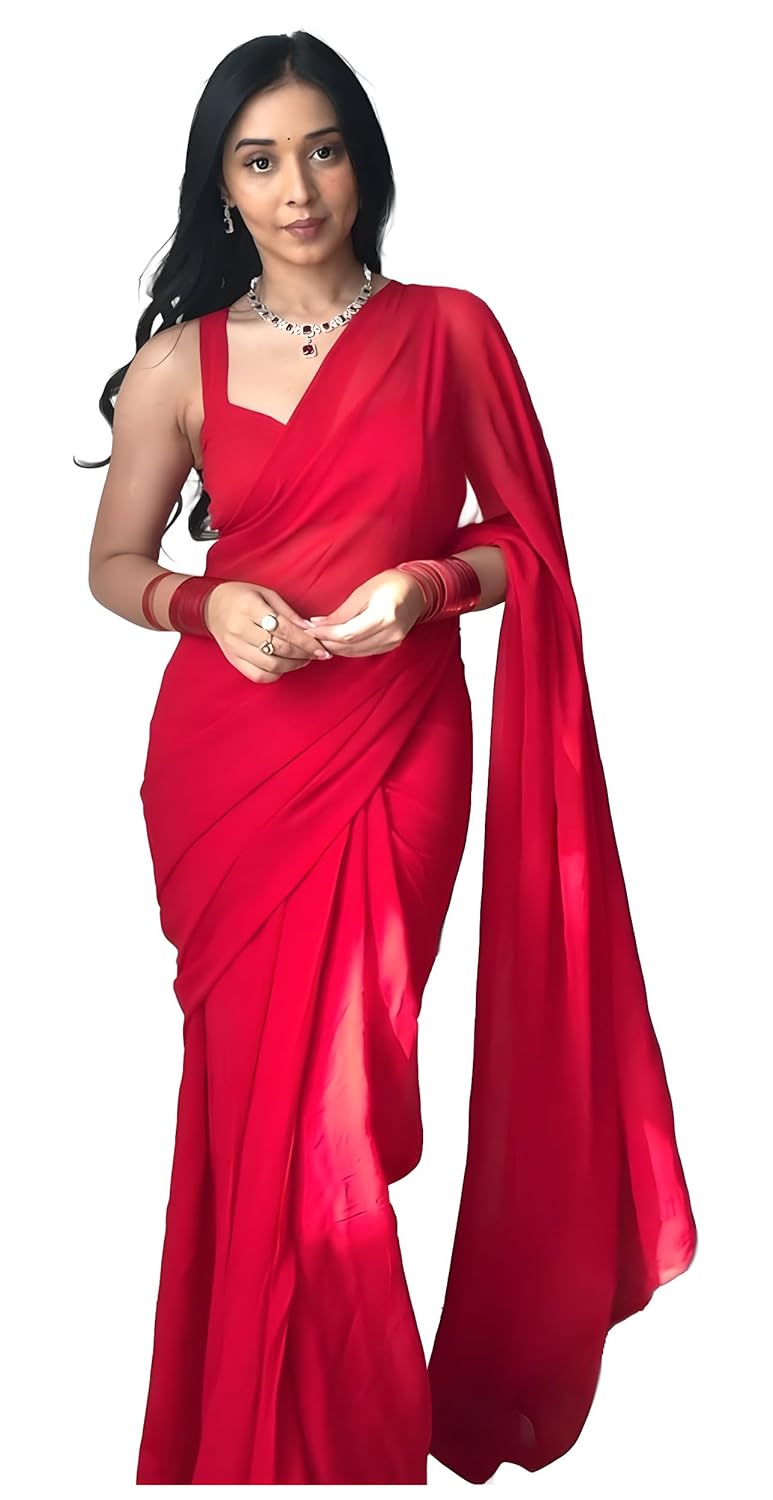 Sidhidata Women's Pure Red Georgette Ready To Wear One Minute Saree with Unstitched Blouse Piece - Image 1
