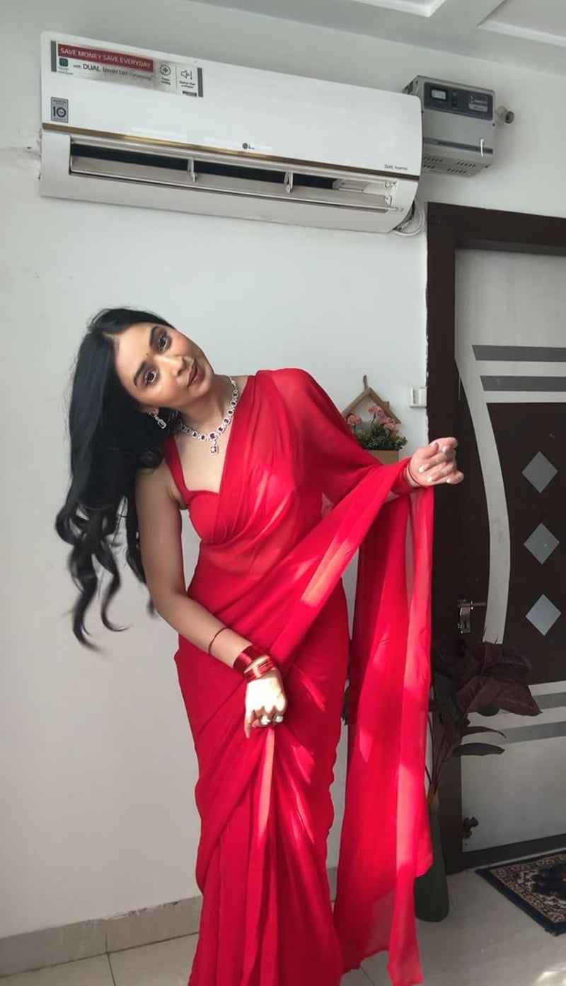 Sidhidata Women's Pure Red Georgette Ready To Wear One Minute Saree with Unstitched Blouse Piece - Image 3