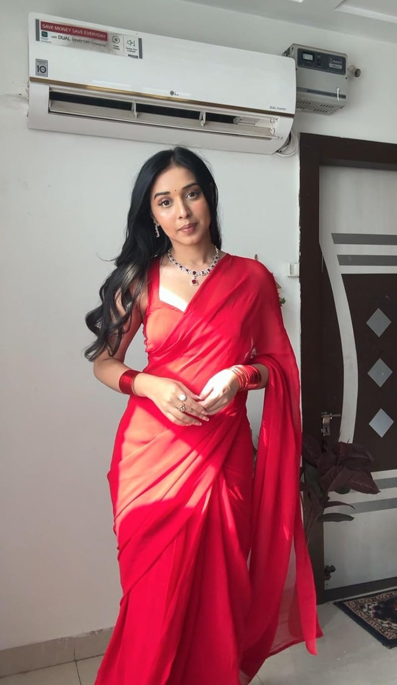 Sidhidata Women's Pure Red Georgette Ready To Wear One Minute Saree with Unstitched Blouse Piece - Image 5