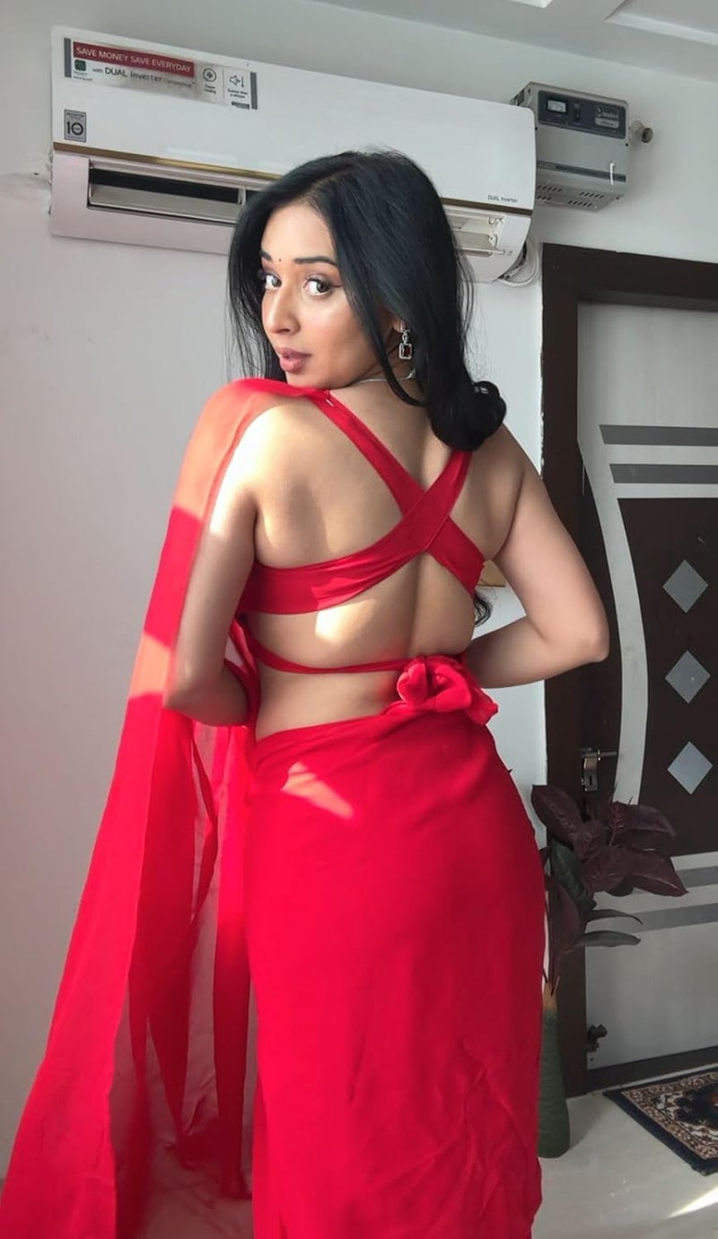 Sidhidata Women's Pure Red Georgette Ready To Wear One Minute Saree with Unstitched Blouse Piece - Image 2