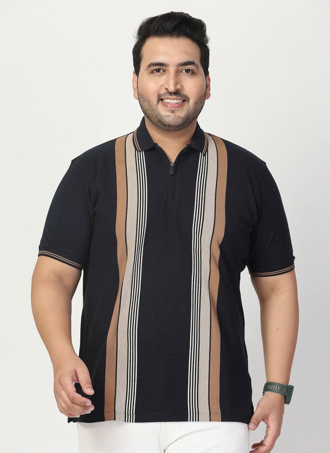 PlusS Men's Black Striped Polo T-Shirt - Image 1