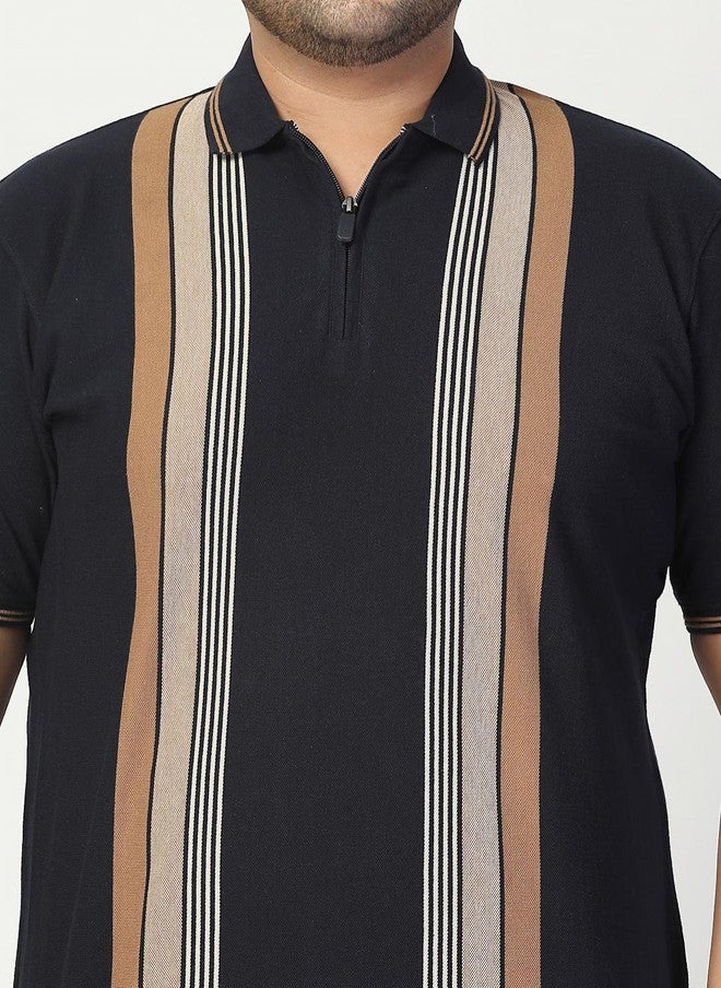 PlusS Men's Black Striped Polo T-Shirt - Image 2