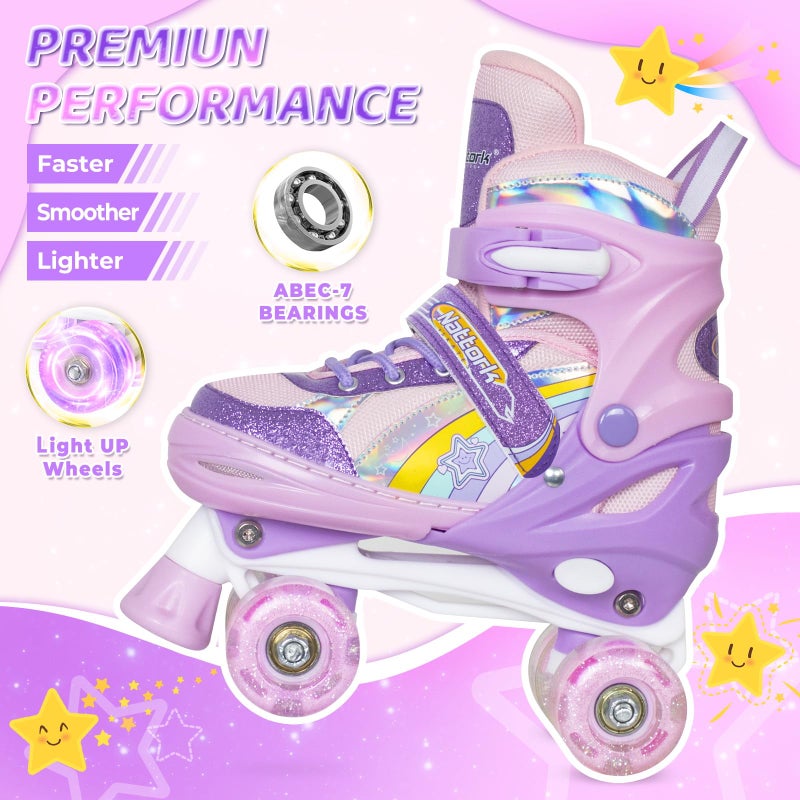 Nattork Toddler Roller Skates for Little Kids Toddler Ages 3-5 3 4 5, 4 Size Adjustable Girls Rainbow Quad Skates with All Light Up Wheels - Best Birthday Gift for Outdoor Sports - Image 3