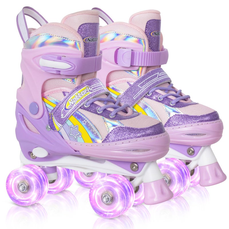 Nattork Toddler Roller Skates for Little Kids Toddler Ages 3-5 3 4 5, 4 Size Adjustable Girls Rainbow Quad Skates with All Light Up Wheels - Best Birthday Gift for Outdoor Sports - Image 1