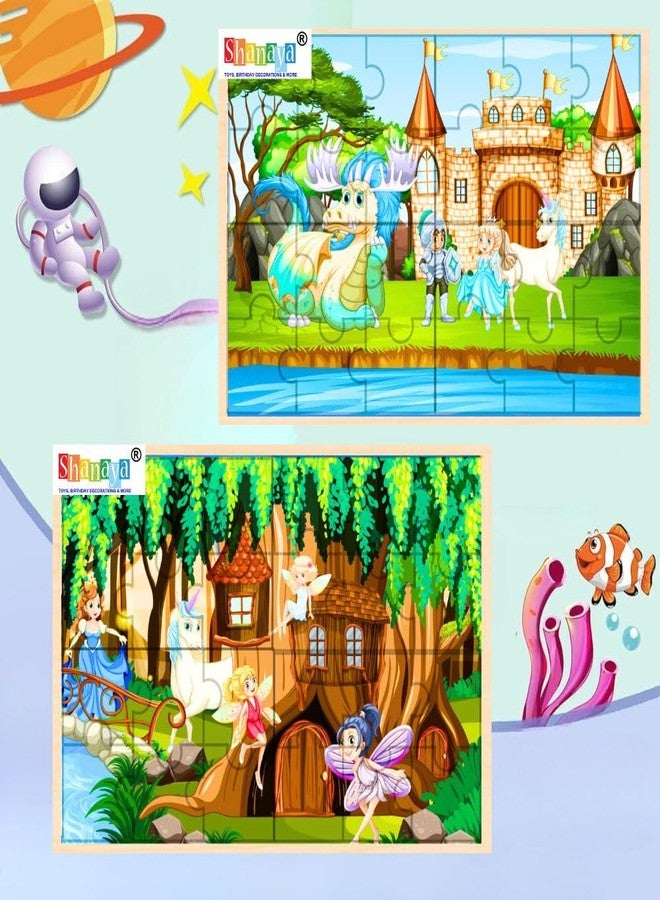 SHANAYA 36 Pieces Wooden Jigsaw Puzzle Kids Cartoon Animal Vehicle Puzzles Games Baby Early Learning Educational Toys for Children 2 Sided Puzzle - Princess & Unicorn - Image 1