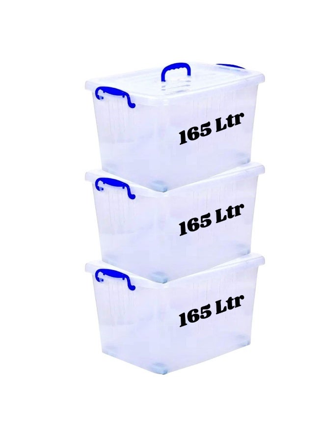 مجموعة صناديق تخزين بلاستيكية شفافة من HIWARE سعة 165 لتر، 3 قطع، بأغطية قابلة للقفل | حاويات تنظيم شفافة للملابس والألعاب والأدوات والفنون والحرف اليدوية | حل تخزين قابل للتكديس بمقابض (3 × 165 لتر)