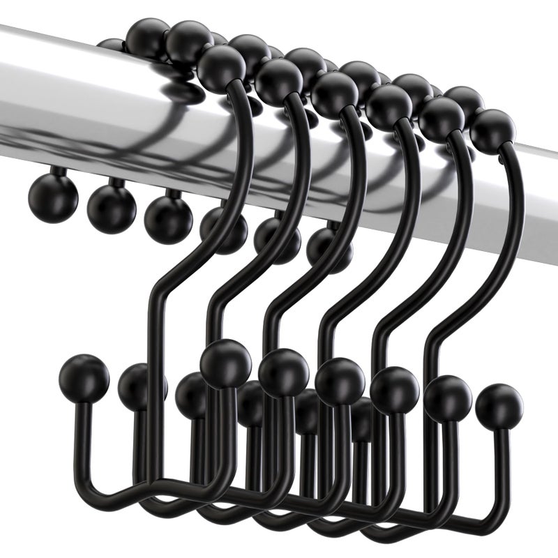 Titanker Black Shower Curtain Hooks Rings, Rust-Resistant Metal Double Glide Shower Hooks for Bathroom Shower Rods Curtains, Set of 12 Hooks - Matte Black - Image 1