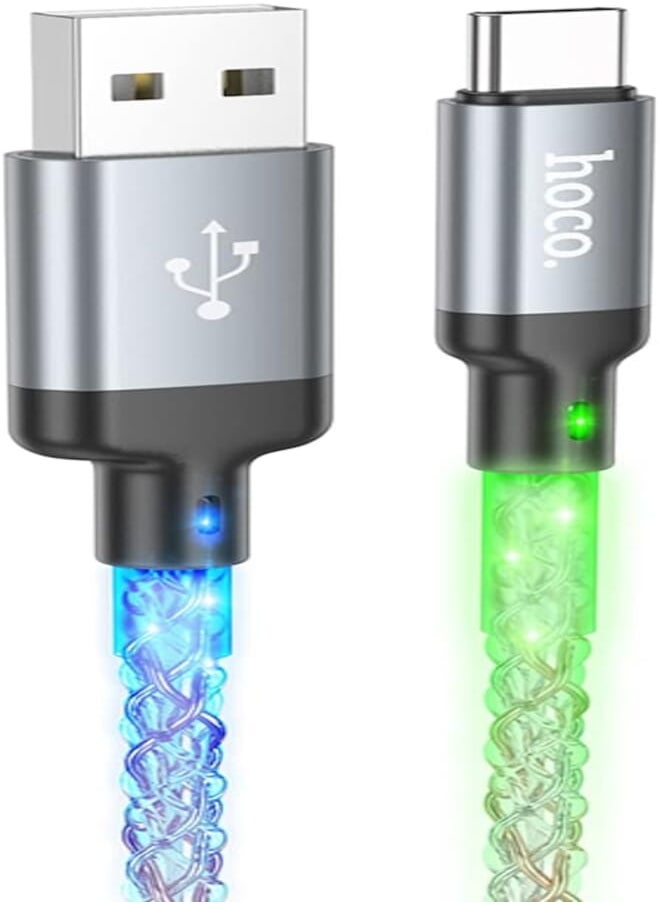 Hoco Hoco U112 - Shine Charging And Data Transmittion Cable (3A - 1M), USB-A To USB-C Plug, Compatible With Samsung Huawei Xiaomi Oppo - Grey 