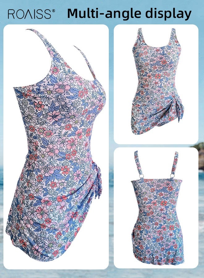 roaiss Women's Suspender One Piece Swimdress Swimsuits Crew Neck Printing Flowers Bikini Ladies Tummy Control Skirt Bathing Suit Stylish Slimming Swimwear Beachwear with Chest Pad - Image 4
