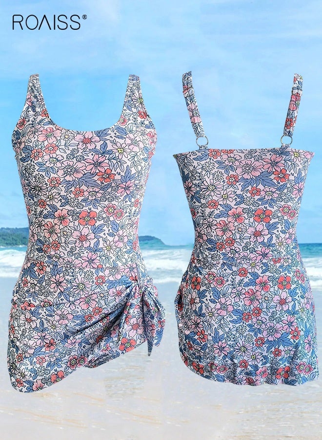 roaiss Women's Suspender One Piece Swimdress Swimsuits Crew Neck Printing Flowers Bikini Ladies Tummy Control Skirt Bathing Suit Stylish Slimming Swimwear Beachwear with Chest Pad - Image 1