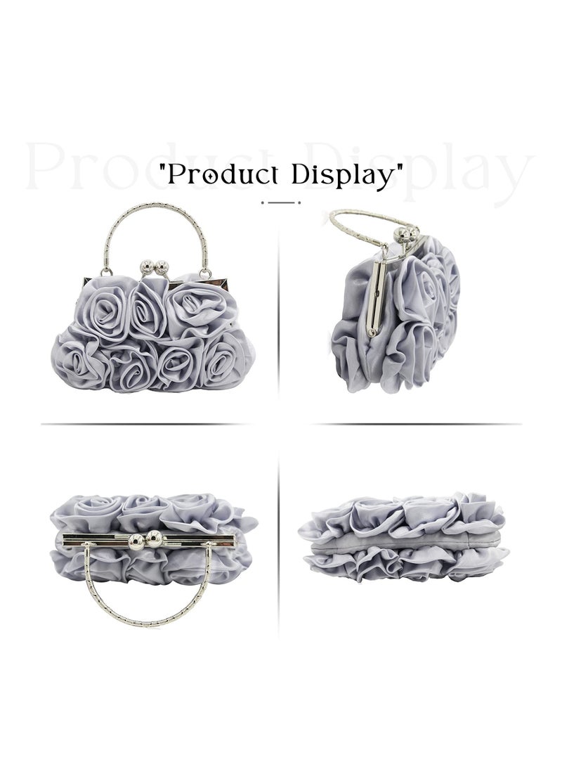 SYOSI Women Evening Clutch Bag Floral Satin Purses Detachable Strap Clutch Bag Floral Clutch Bag Detachable Strap Purses Floral Clutch Bag for Wedding, Party, Prom (Silver) - Image 2