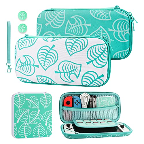 GLDRAM Green Carrying Case Bundle for Nintendo Switch and OLED Modle Switch Travel Bag Protector for Animal Leaf Crossing Carrying Accessories Kit with Strap Game Card Case Holder Thumb Caps - Image 1