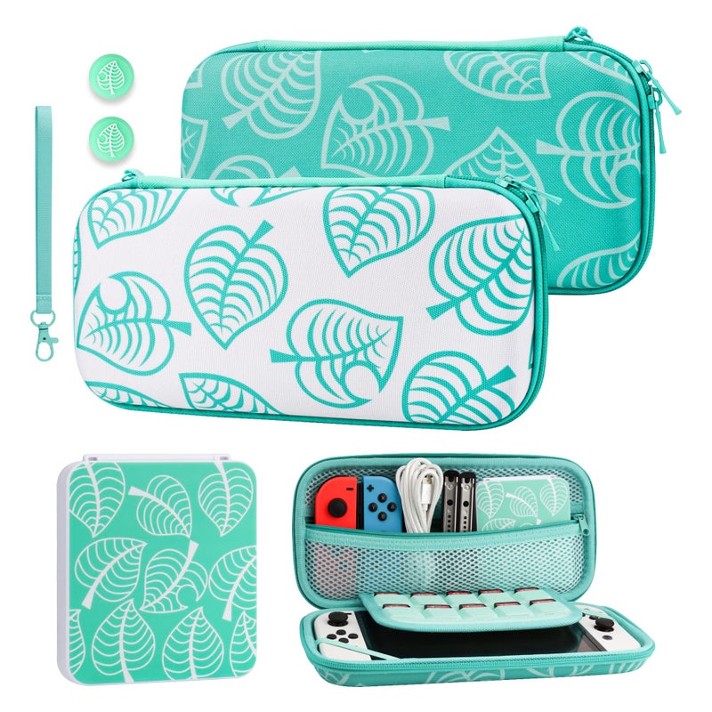 GLDRAM Green Carrying Case Bundle for Nintendo Switch and OLED Modle Switch Travel Bag Protector for Animal Leaf Crossing Carrying Accessories Kit with Strap Game Card Case Holder Thumb Caps - Image 2