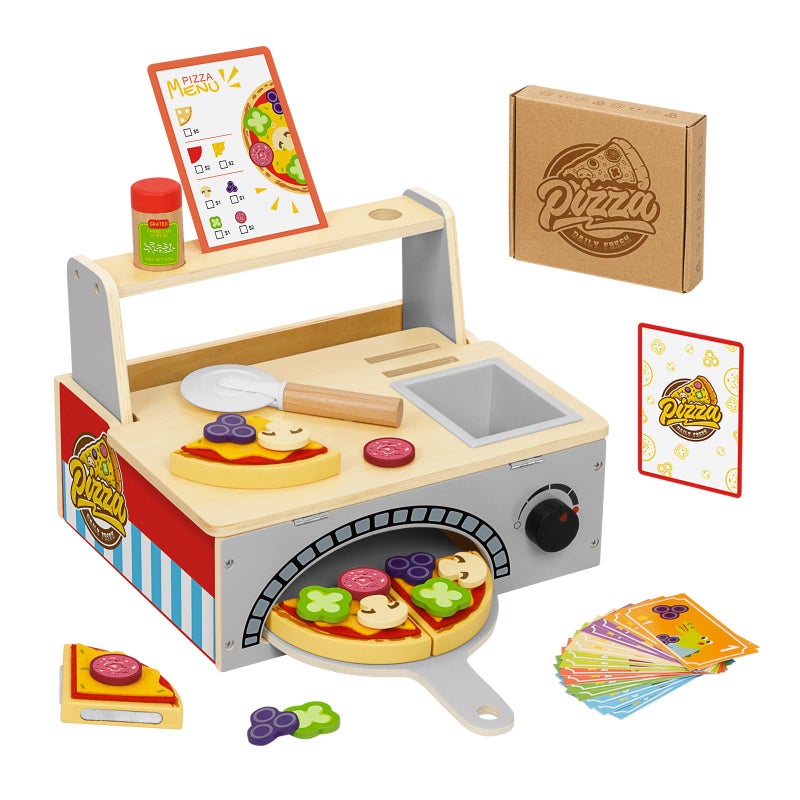 OOOK Wooden Pizza Toy Kids Pizza Counter Playset Toy Pizza Oven Montessori Pretend Play Toys with Toy Food Bake Oven Role Play Set for 3 4 5 6 Year Old Boys Girls - Image 3