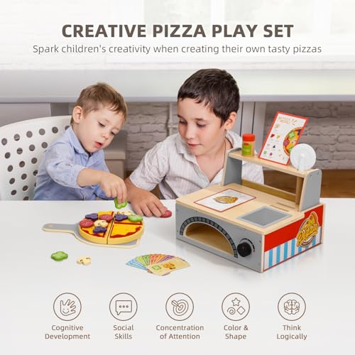 OOOK Wooden Pizza Toy Kids Pizza Counter Playset Toy Pizza Oven Montessori Pretend Play Toys with Toy Food Bake Oven Role Play Set for 3 4 5 6 Year Old Boys Girls - Image 5