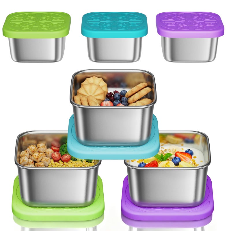 Osfel 6 Pack 6oz Stainless Steel Snack Containers and 2oz Salad Dressing To Go Containers with Silicone Lids, Reusable Square Meal Prep Condiment Sauce Containers Lunch Box Accessories - Image 1
