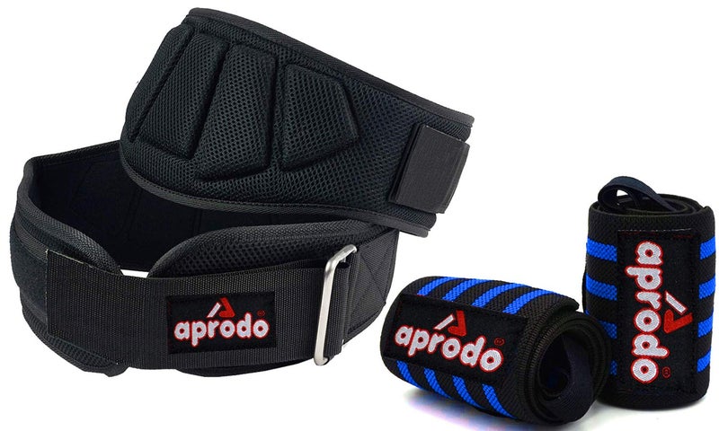 Aprodo Fitness Combo Power Nylon Weightlifting Belt with Wrist Support (1 Pair) for Men and Women (Black Blue Combo, X-Large 40'' - 44'') - Image 1