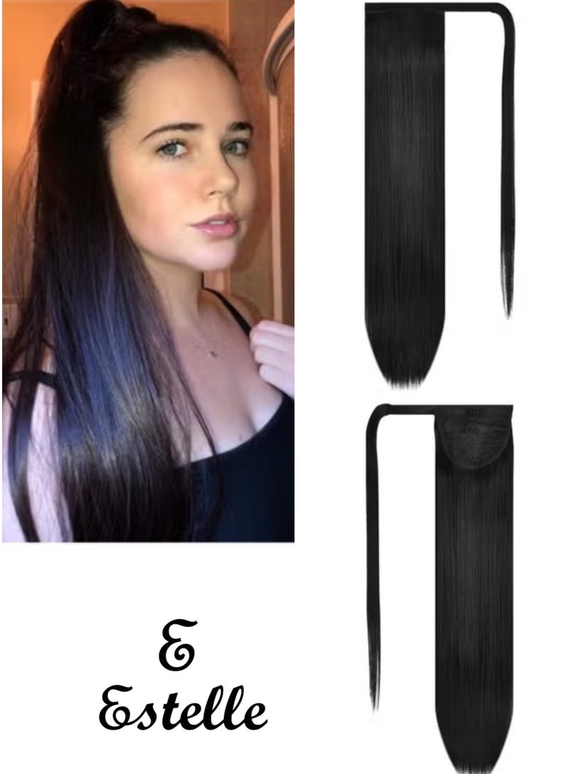 Estelle Long Straight Ponytail Extension Wrap Around Off Black Synthetic Hair Extensions One Piece Hairpiece Pony Tail Extension for Women Lady Girl Long Ponytail Extensions 1B - Image 1