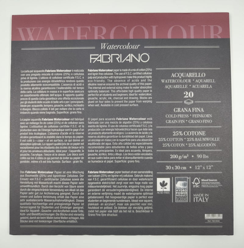 Fabriano Studio Watercolor Blocks CP 200 GSM 30 X 30 cm (20 Sheets) - Image 2