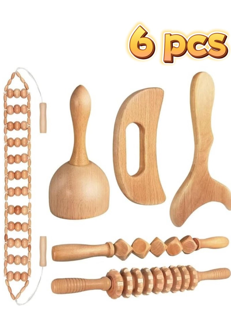 JoyousSto 6 in 1 Wood Therapy Massage Tools Massager Wooden Massager for Body Shaping Massage Tool Set Wood Therapy Tools for Relieving Muscle Pain Body Sculpting Tools Gua Sha - Image 1