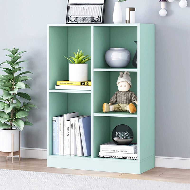IOTXY Open Shelf Low Bookcase - Wooden 3-Tier Floor Standing Display Cabinet Organizer with Base, 5 Cubes Short Horizontal Bookshelf in Tiffany-Green - Image 1