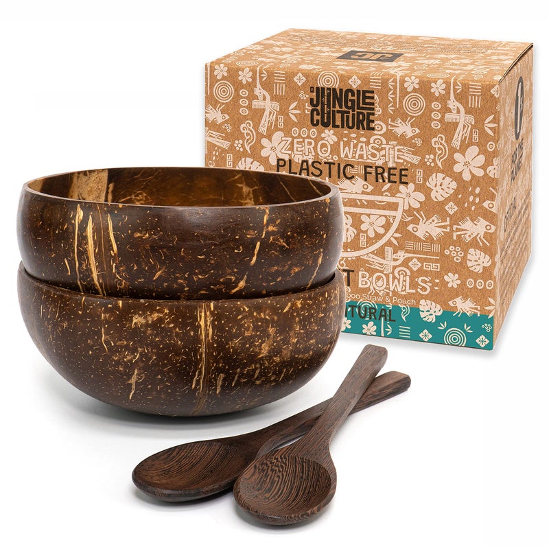 Jungle Culture 2 Polished Coconut Bowl and Wooden Spoons Set with Bamboo Straws  Natural Coconut Smoothie Bowls  Healthy Choice Coco Shell Acai  Buddha Bowls  Eco Friendly Vegan Gifts