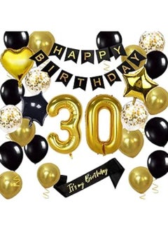 SZHUIHER Black and Gold Happy 30th Birthday Party Decorations, Jumbo Number 30 Foil Balloon, 30th Birthday Sash Cake Topper Banner Balloons
