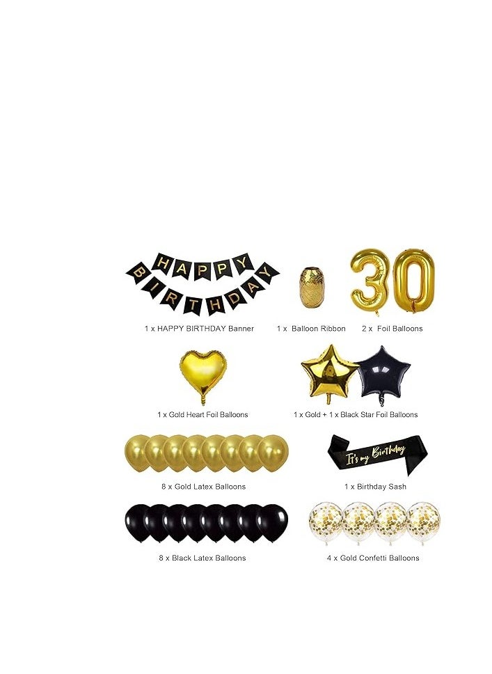 Generic - SZHUIHER Black and Gold Happy 30th Birthday Party Decorations, Jumbo Number 30 Foil Balloon, 30th Birthday Sash Cake Topper Banner Balloons - Image 1