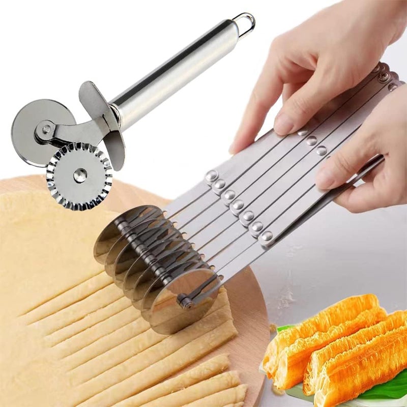 MTOMDY 7 Wheel Pastry Cutter Pizza Cutter with Stainless Steel Double Cutter Multi-Round Pastry Knife,Pasta Making Tool with Adjustable Dough Cutter,For Brownie, Noodle Cutter, Pie Lettuce - Image 1