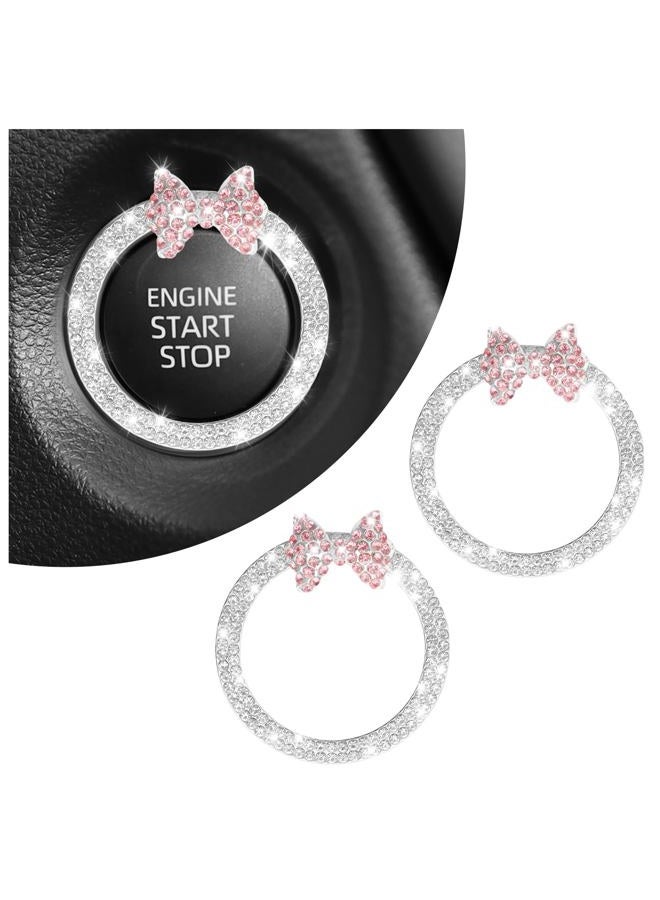 VKQTS 2PCS Pink Bow Car Engine Start Button Cover,Bling Cute Car Push to Start Button Cover Decoration Ring with Rhinestone,Cars Starts Buttons Covers Pink Bow Cars Accessories - Image 1