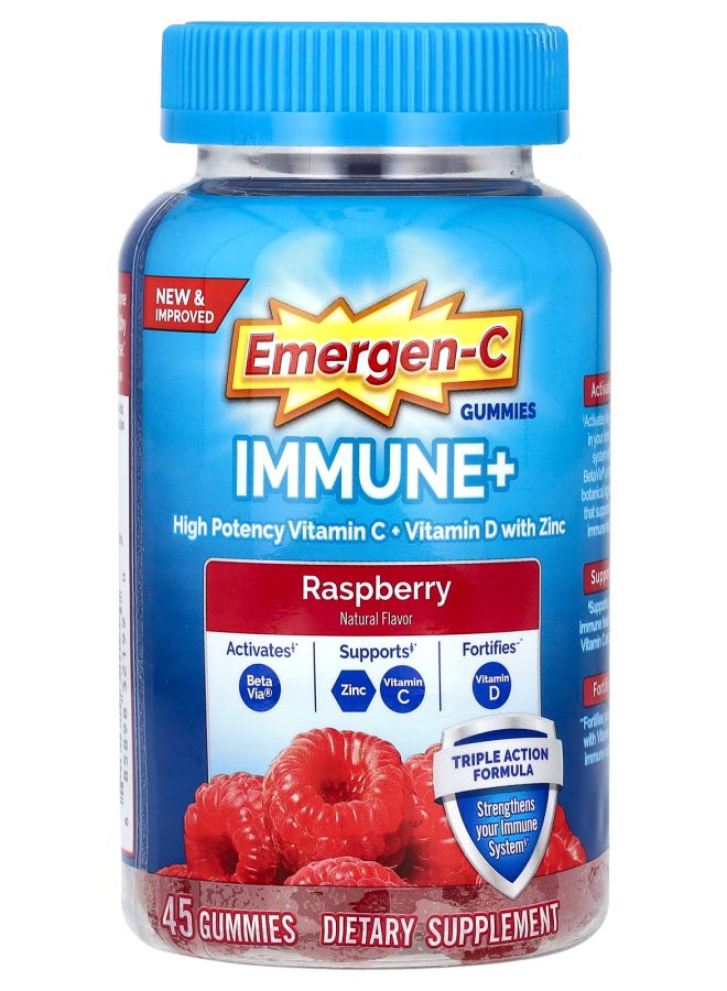 Emergen-C Immune+ Vitamin C + Vitamin D with  Zinc Gummies Raspberry 45 Gummies - Image 1