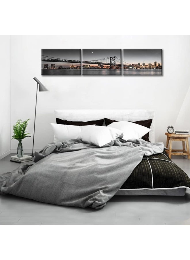 Home Trove Wall Decor Beautiful Benjamin Franklin Bridge Wall Art For Living Room 3 Pieces Philadelphia Skyline Cityscape Sunset Home Decor Posters And Prints Stretched And Framed Ready To Hang 16X24 Inch X3  - Image 3