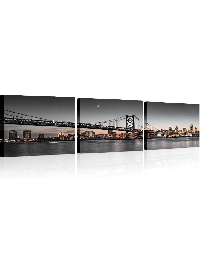 Home Trove Wall Decor Beautiful Benjamin Franklin Bridge Wall Art For Living Room 3 Pieces Philadelphia Skyline Cityscape Sunset Home Decor Posters And Prints Stretched And Framed Ready To Hang 16X24 Inch X3  - Image 1