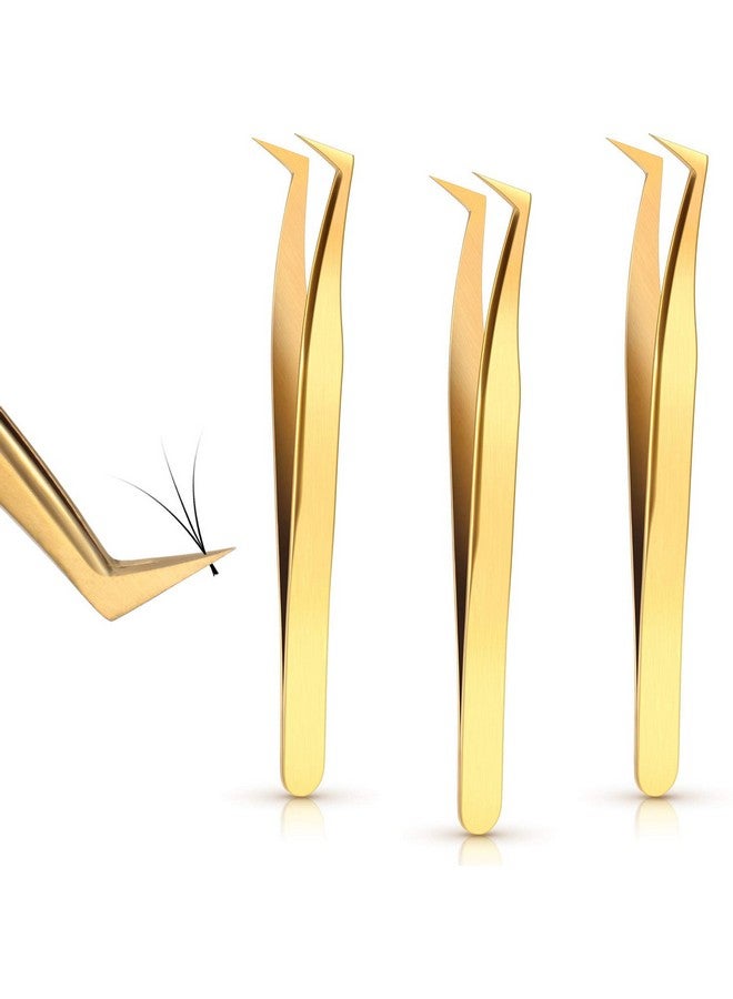 Mudder 3 Pieces Volume Tweezers Eyelash Extension Tweezers Curved 6A Tip False Lash Tweezers Stainless Steel Precision Tweezers For Individual And 3D 6D Volume Eyelash Extension (Gold) - Image 1