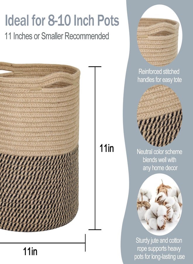 MEGASKET Woven Jute Plant Basket, Wicker Basket Planter for 10 inch Pot, Round Indoor Tree Pot Cover, Small Boho Planter Baskets, Decorative Basket for Plants and Home Decor, 11”X11”, Black Stripes - Image 2
