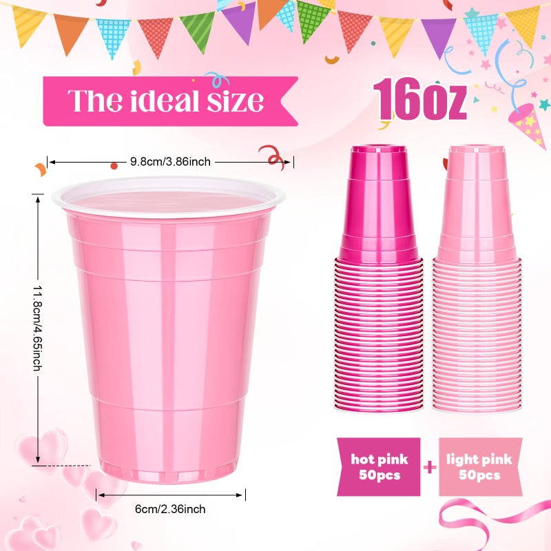 KesaPlan 100 PCS 16 OZ Plastic Cups Party Cups Pink and Hot Pink Cups Disposable Cups Bulk for Party Graduation Thanksgiving Wedding Birthday Christmas Halloween Family Gatherings Festive Celebrations - Image 2