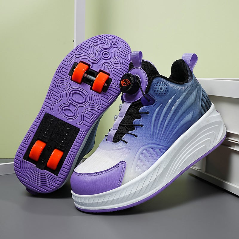 Kids Glowing Sneakers Quad Roller Skates 358-Black and Purple (four-wheel)